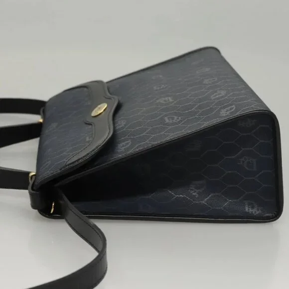 Christian Dior Honeycomb Canvas Hand Bag PVC Leather 2way Gold Navy Auth BA1515
